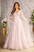 Bead Sequin Mesh A-line w/ Sheer Puff Sleeves Long Mother Of The Bride Dress GLGL3495