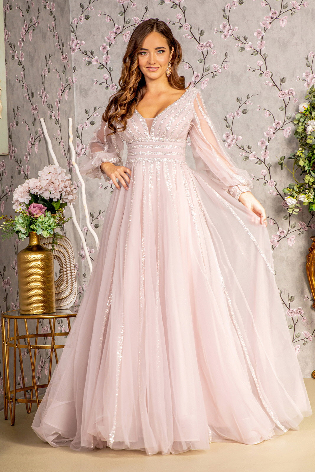 Bead Sequin Mesh A-line w/ Sheer Puff Sleeves Long Mother Of The Bride Dress GLGL3495
