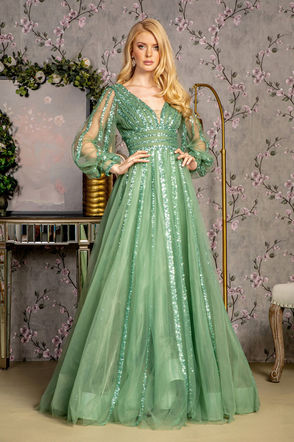 Bead Sequin Mesh A-line w/ Sheer Puff Sleeves Long Mother Of The Bride Dress GLGL3495