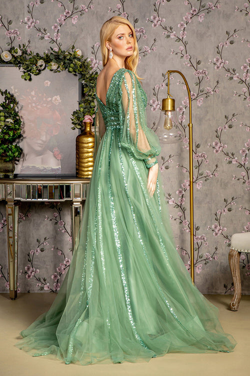 Bead Sequin Mesh A-line w/ Sheer Puff Sleeves Long Mother Of The Bride Dress GLGL3495