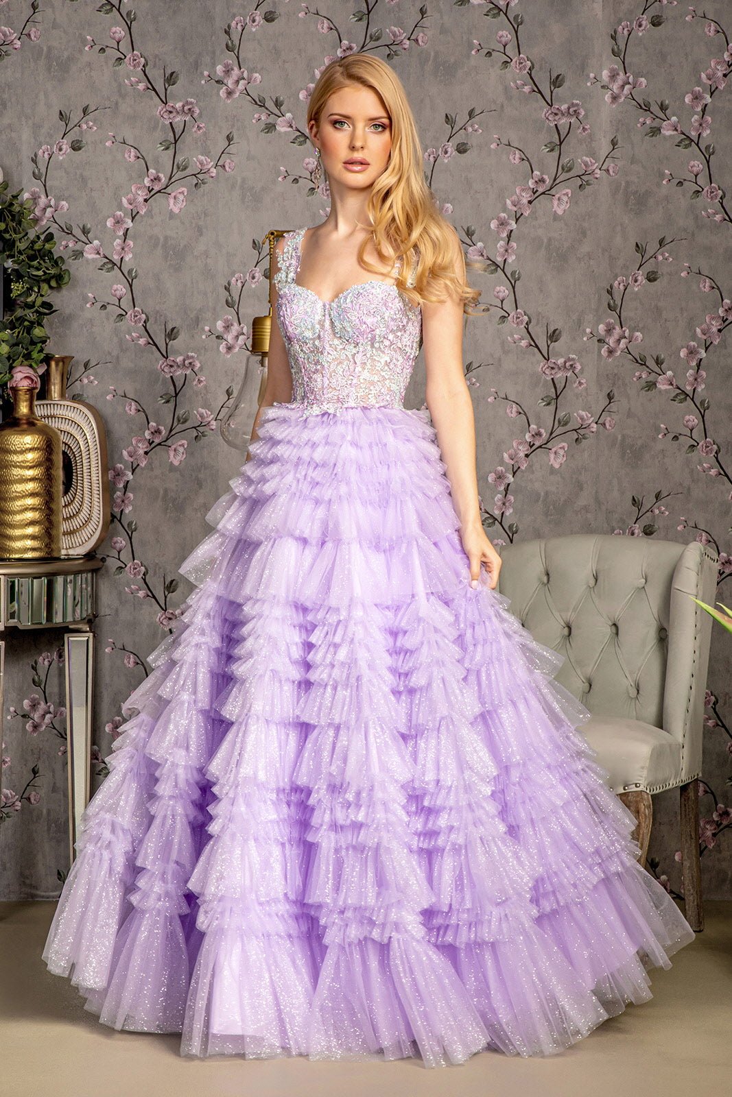Glitter Bead Sheer Bodice Ruffled Skirt Mesh A-line Long Prom Dress GLGL3460 - PrimePick