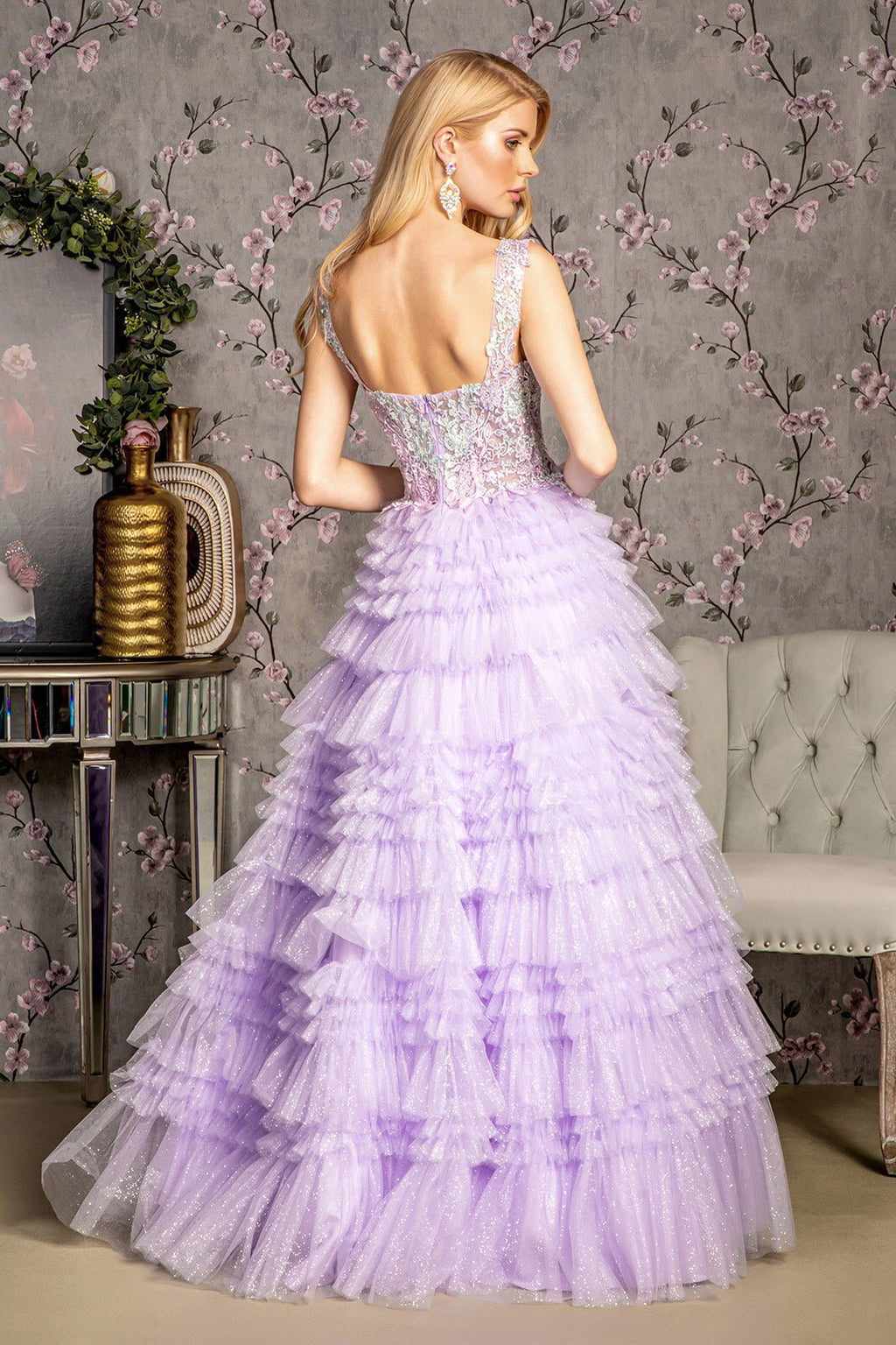Glitter Bead Sheer Bodice Ruffled Skirt Mesh A-line Long Prom Dress GLGL3460 - PrimePick