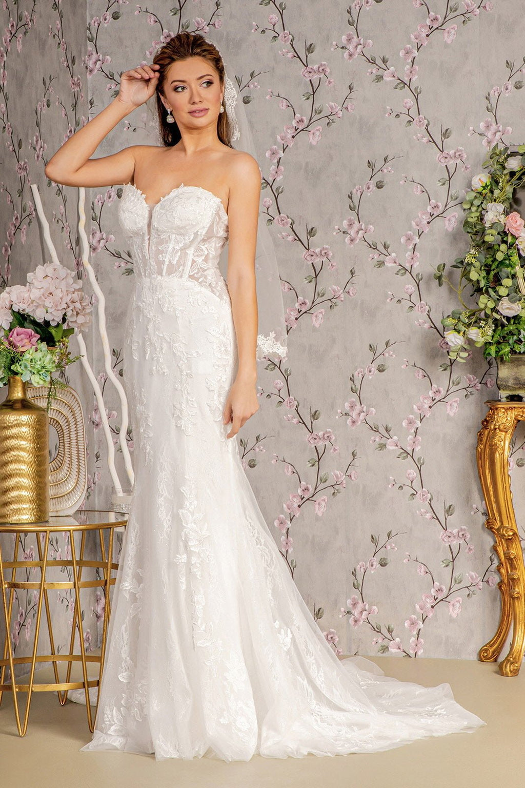 Glitter Off Shoulder Sheer Bodice Mesh Mermaid Long Wedding Dress GLGL3488 - PrimePick