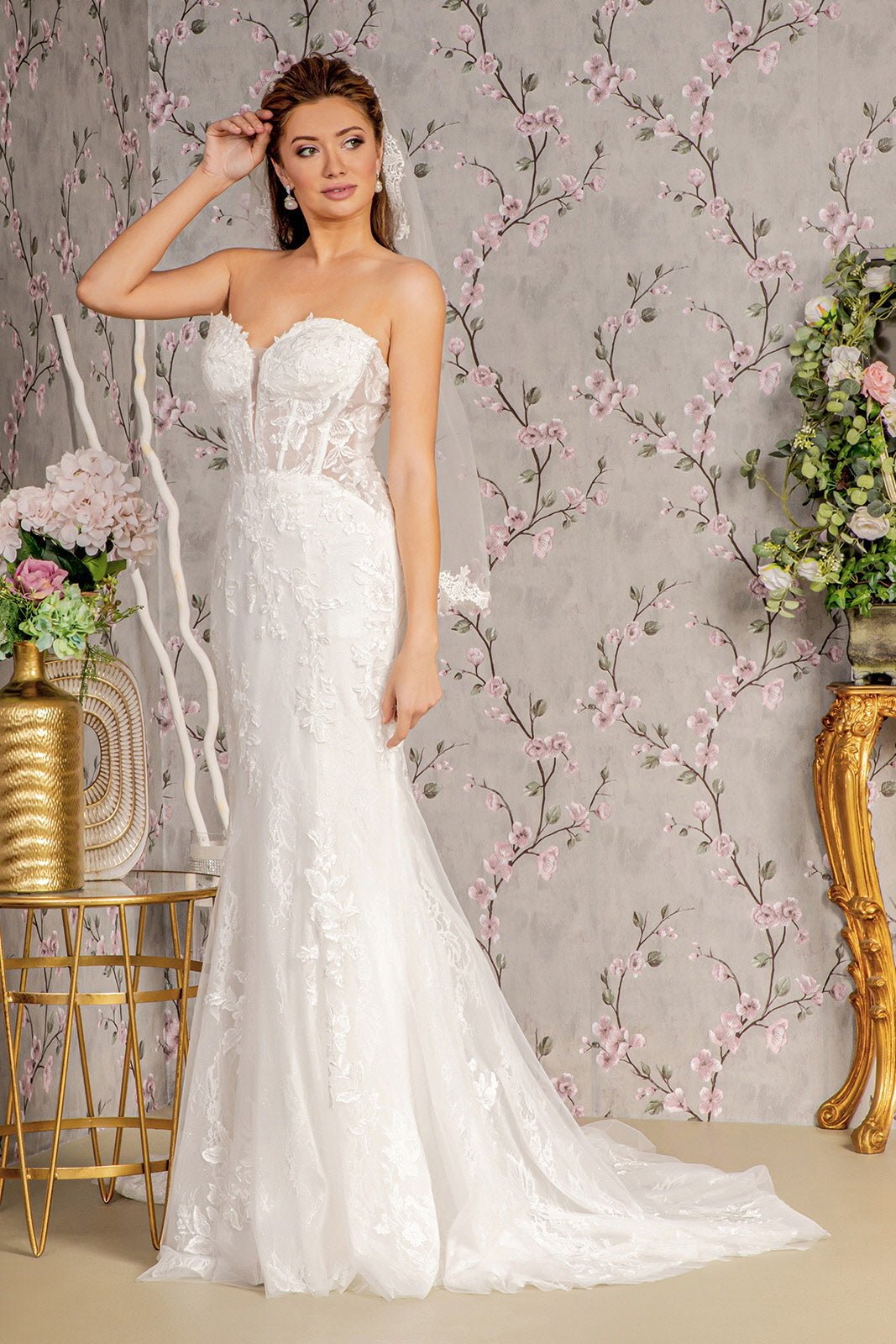 Glitter Off Shoulder Sheer Bodice Mesh Mermaid Long Wedding Dress GLGL3488 - PrimePick
