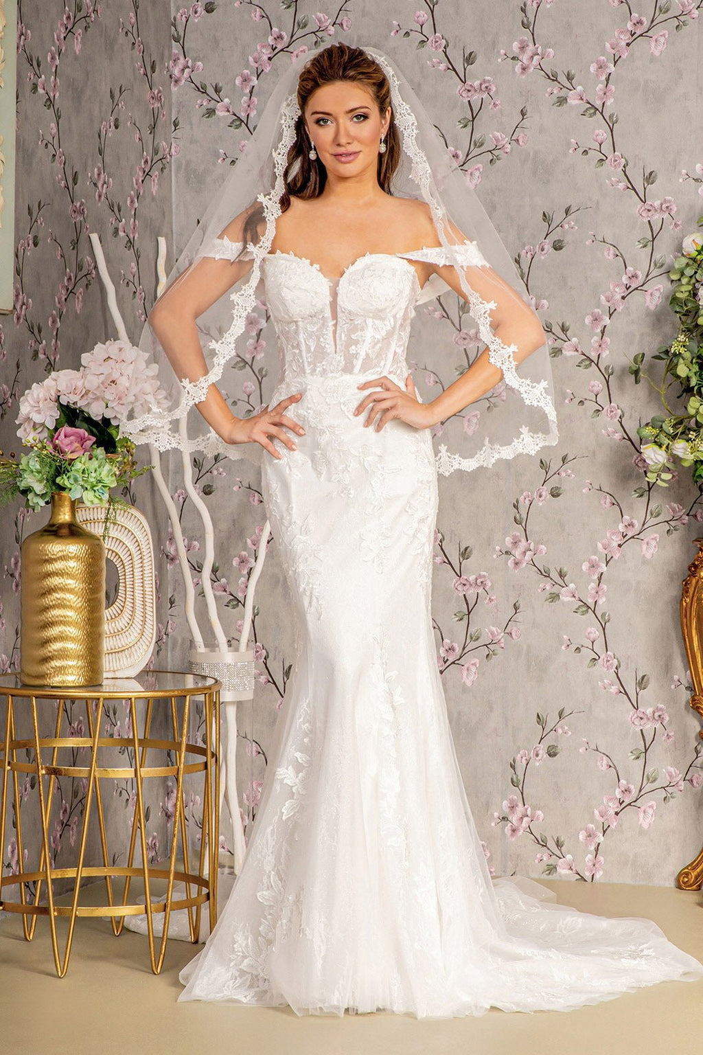 Glitter Off Shoulder Sheer Bodice Mesh Mermaid Long Wedding Dress GLGL3488 - PrimePick