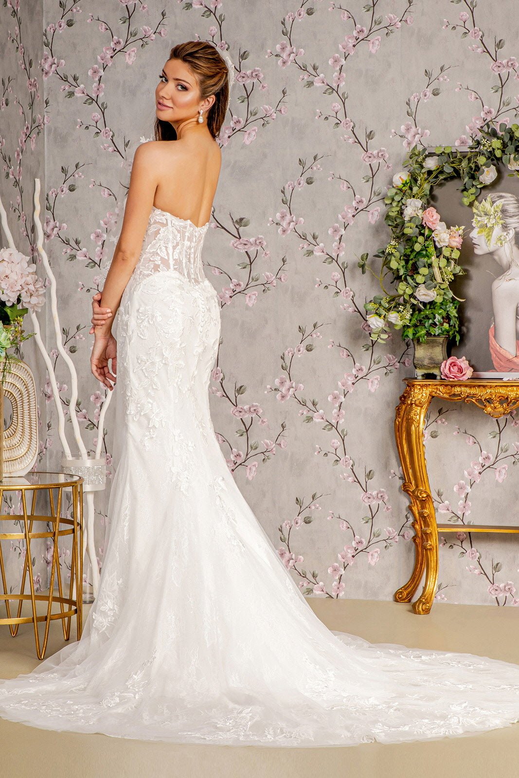 Glitter Off Shoulder Sheer Bodice Mesh Mermaid Long Wedding Dress GLGL3488 - PrimePick