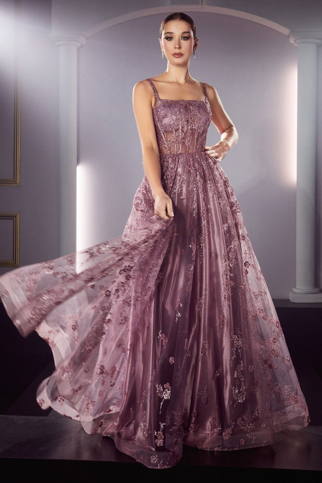 Glitter Print A-Line Dress Sequined Applique, Open Back, & Sequin Ballgown CDJ840 - PrimePick