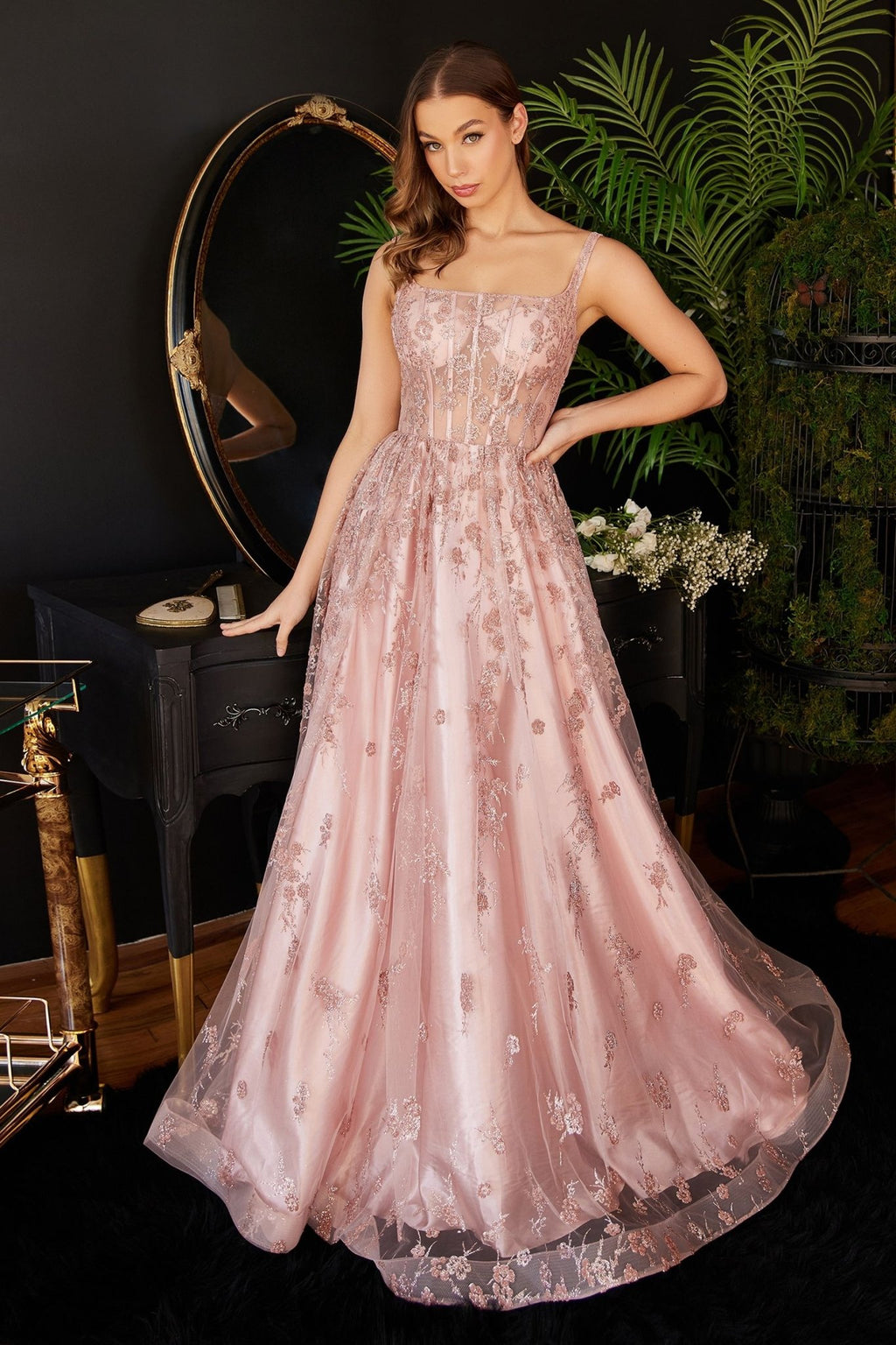 Glitter Print A-Line Dress Sequined Applique, Open Back, & Sequin Ballgown CDJ840 - PrimePick