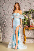 Glitter Sequin Mesh Mermaid Detachable Puff Sleeves Long Prom Dress GLGL3247 - PrimePick