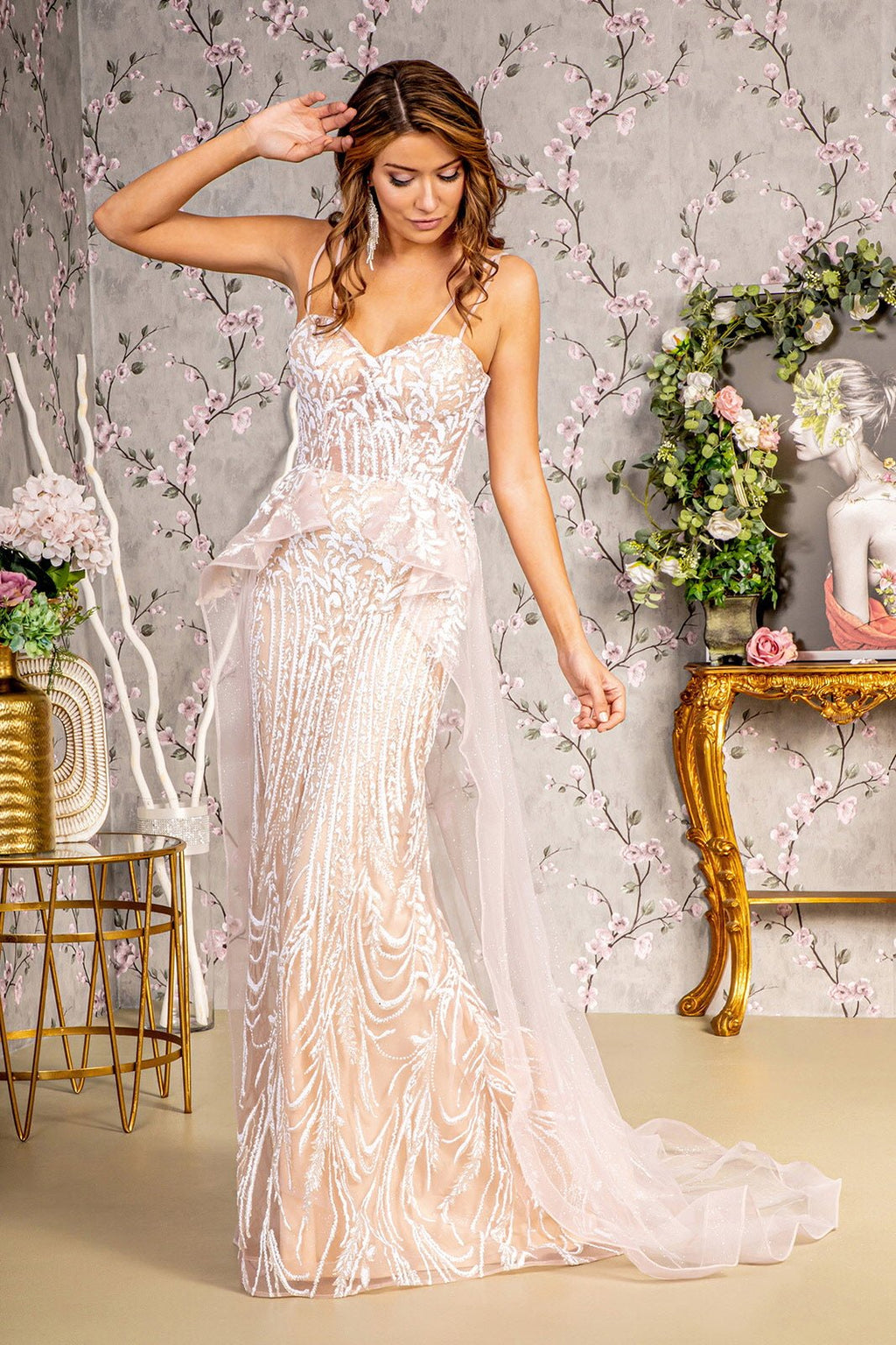 Glitter Sheer Bodice Mesh Mermaid w/ Waist Drape Layer Long Prom Dress GLGL3259 - PrimePick