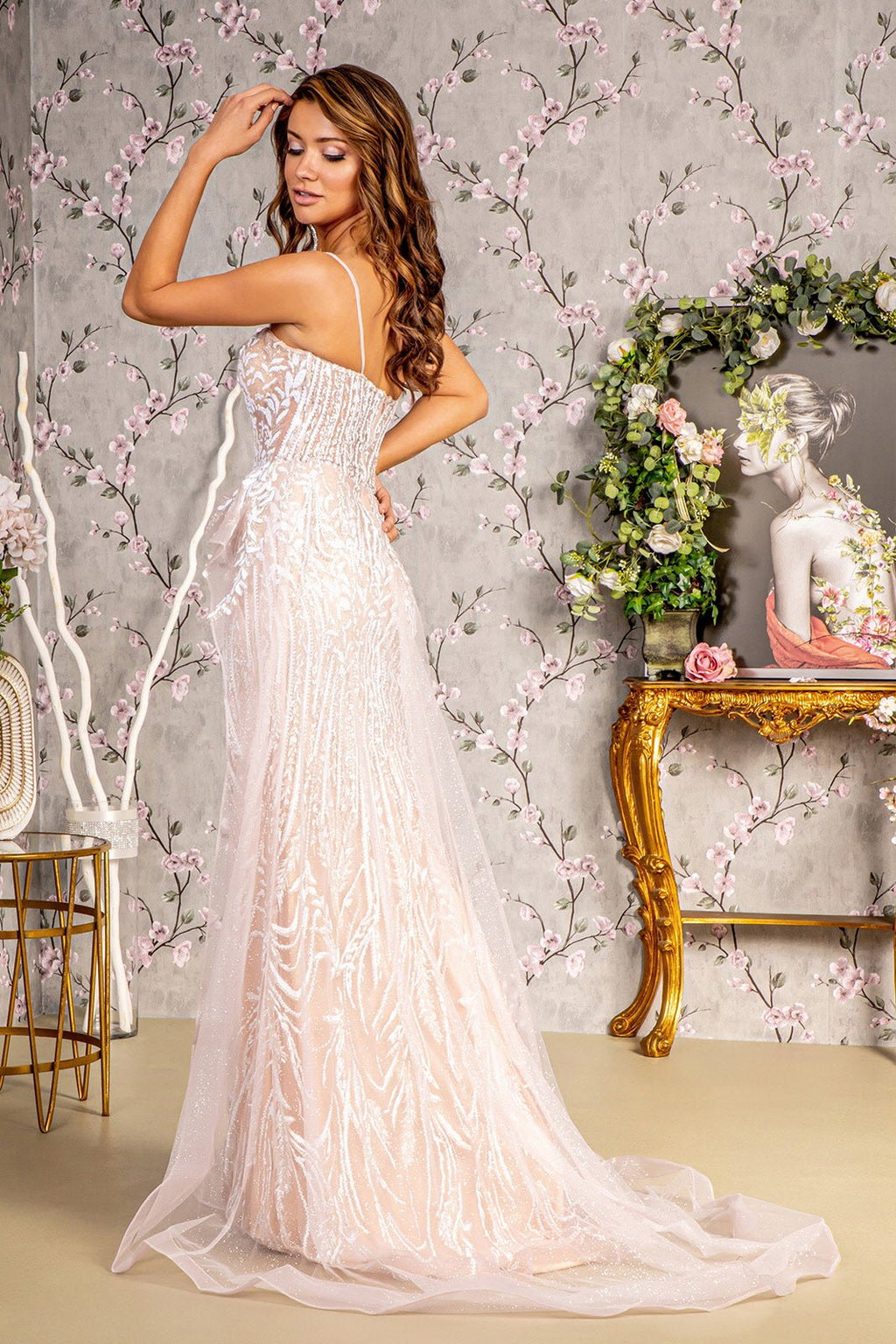 Glitter Sheer Bodice Mesh Mermaid w/ Waist Drape Layer Long Prom Dress GLGL3259 - PrimePick
