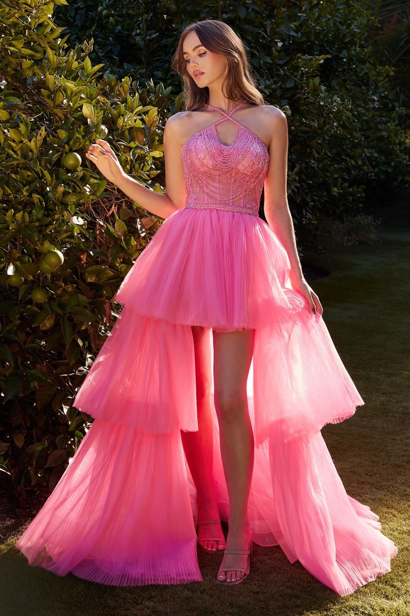 HIGH LOW HALTER BEADED BALL GOWN CDA1239 - PrimePick