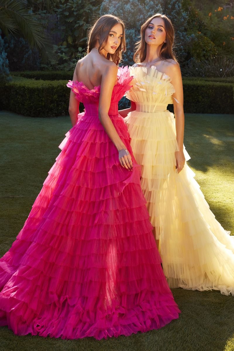 HIGH LOW RUFFLED TULLE GOWN WITH FEATHER DETAILS CDA1240 - PrimePick