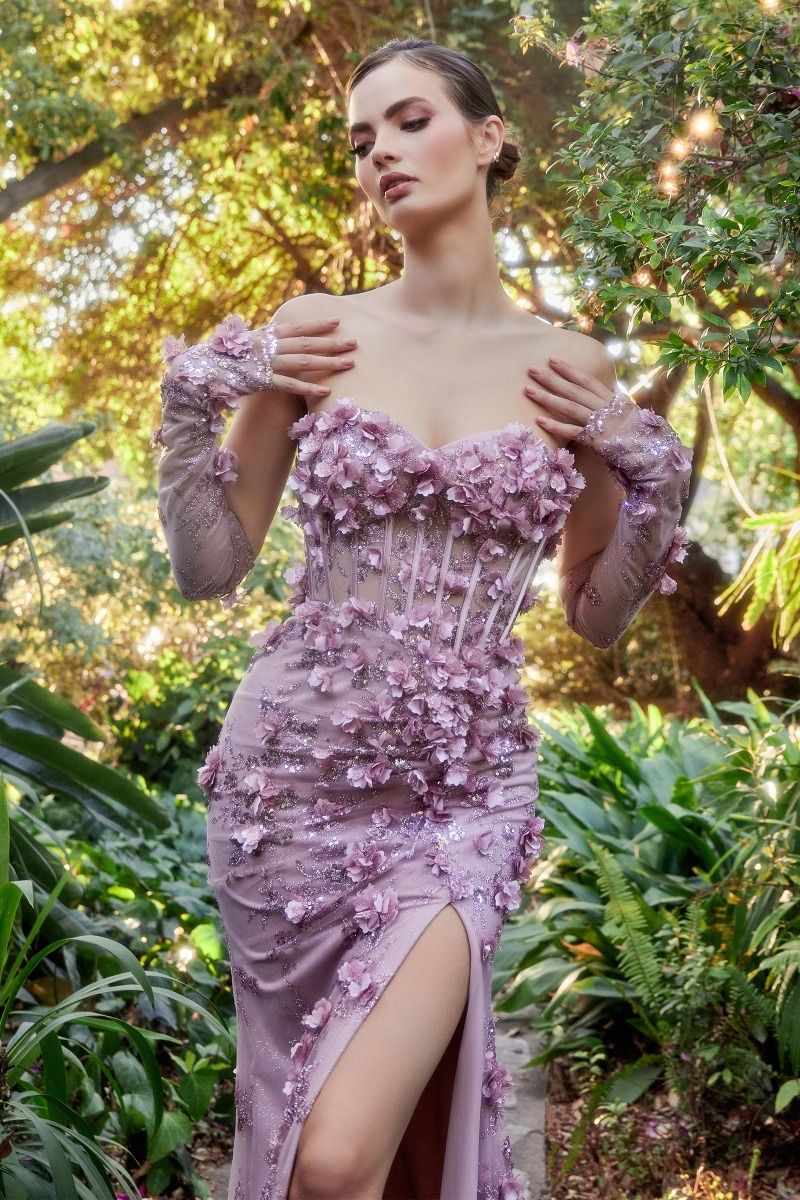 Hydrangia Mermaid Corset Detachable Sleeve Floral Applique 3D Bodice Long Prom & Bridesmaid Dress CDA1117 - PrimePick