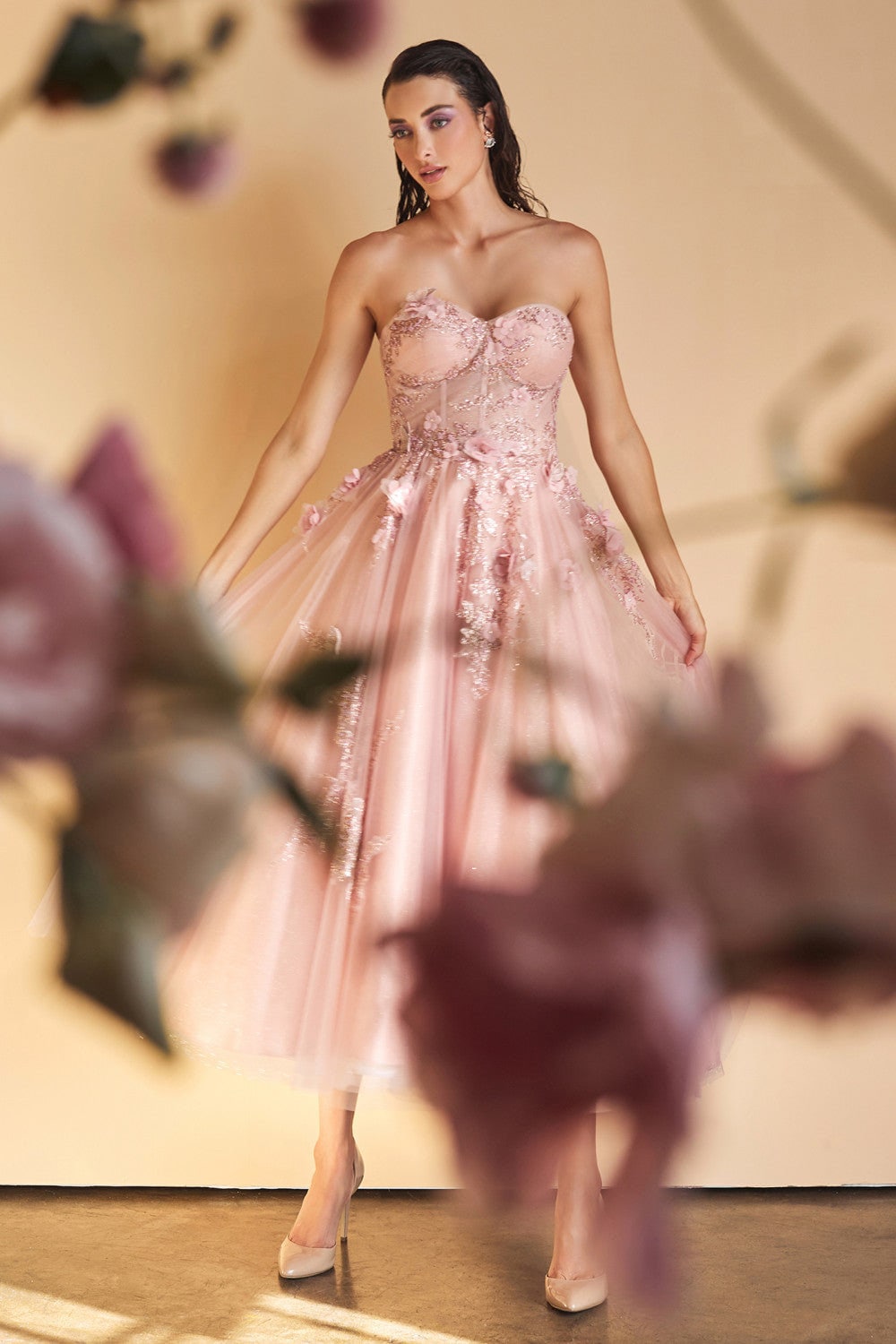 Butterfly Garden Tea Cocktail & Bridesmaid Formal Gown | Midi Length | Cute Strapless Boned Bodice | Vintage Princess Dress ALA1195