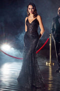 Luxury V-neck Gown with Sheer Corset & Floral Glitter Print CDJ810
