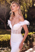 FEATHERED OFF THE SHOULDER GLIMMERING BRIDAL GOWN CDJ824W