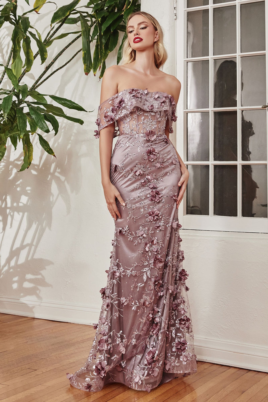 FLORAL PRINT FITTED OFF THE SHOULDER GOWN CDJ832