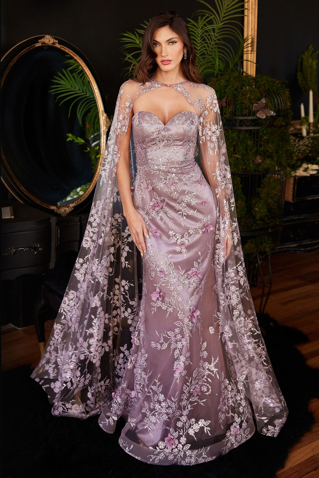 Lilac, Navy & Rose Gold Embroidered Gown with Sheer Cape | Regal Evening Dress  CDJ834