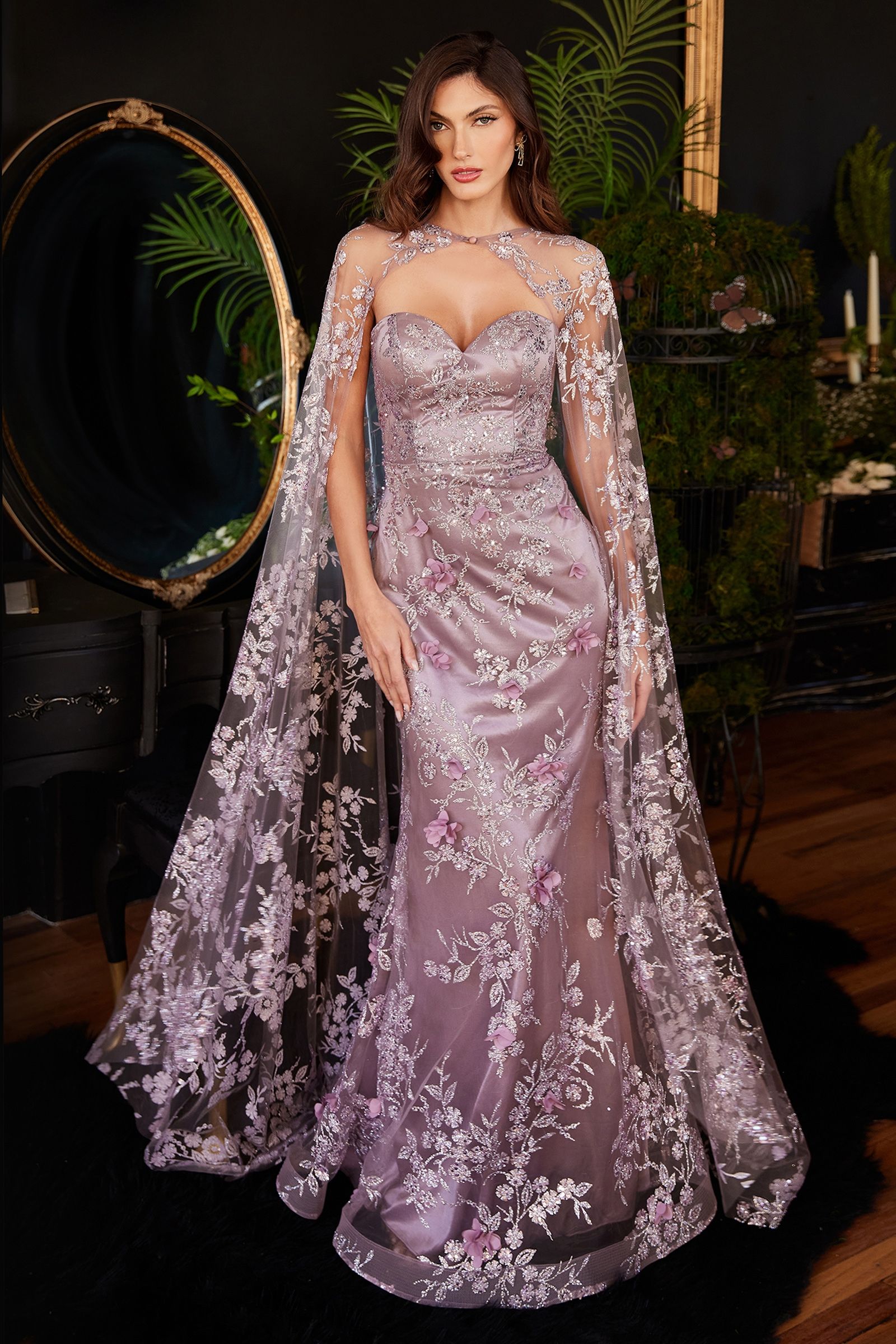 Lilac, Navy & Rose Gold Embroidered Gown with Sheer Cape | Regal Evening Dress  CDJ834