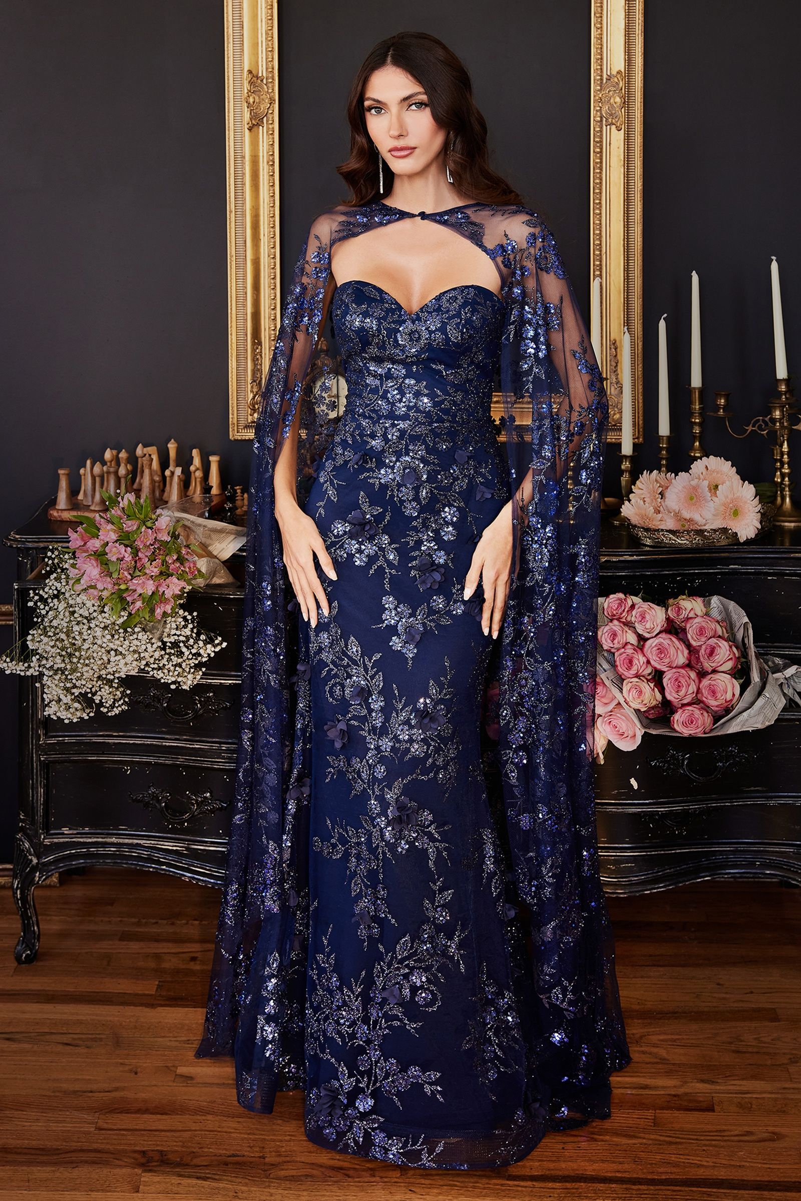 Lilac, Navy & Rose Gold Embroidered Gown with Sheer Cape | Regal Evening Dress  CDJ834