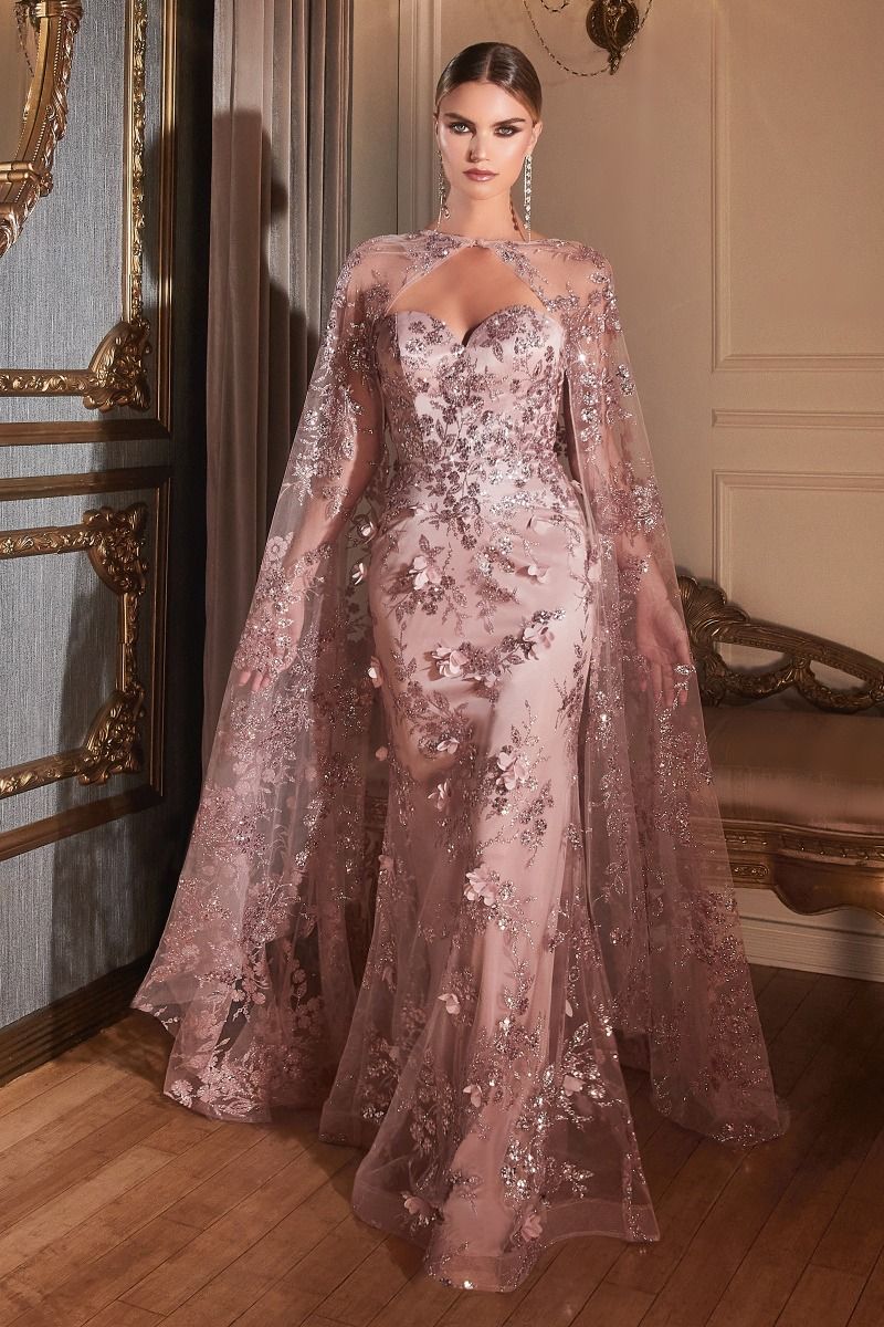 Lilac, Navy & Rose Gold Embroidered Gown with Sheer Cape | Regal Evening Dress  CDJ834