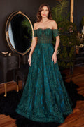 Emerald Green, Dusty Rose, Steel Blue Off-Shoulder Embroidered Glitter Gown  CDJ835