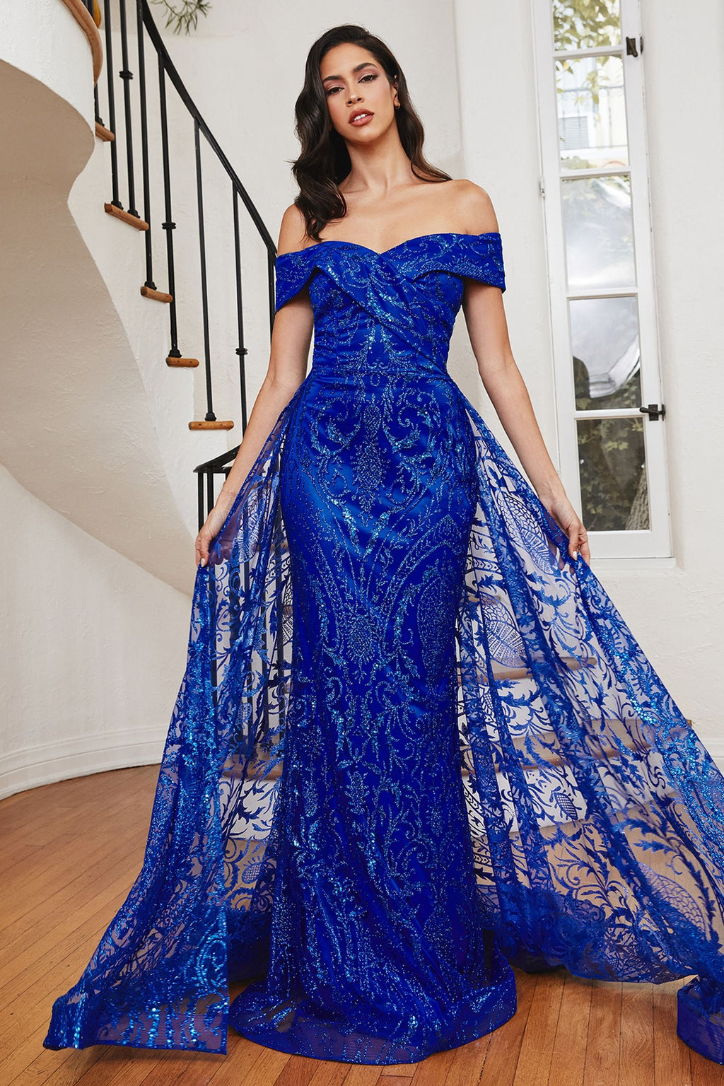Royal Blue Off Shoulder Glitter Evening Gown with Sheer Overlay  CDJ836