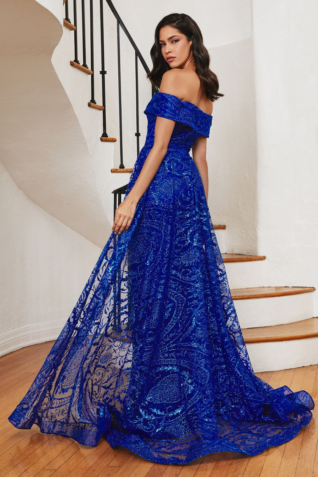 Royal Blue Off Shoulder Glitter Evening Gown with Sheer Overlay  CDJ836