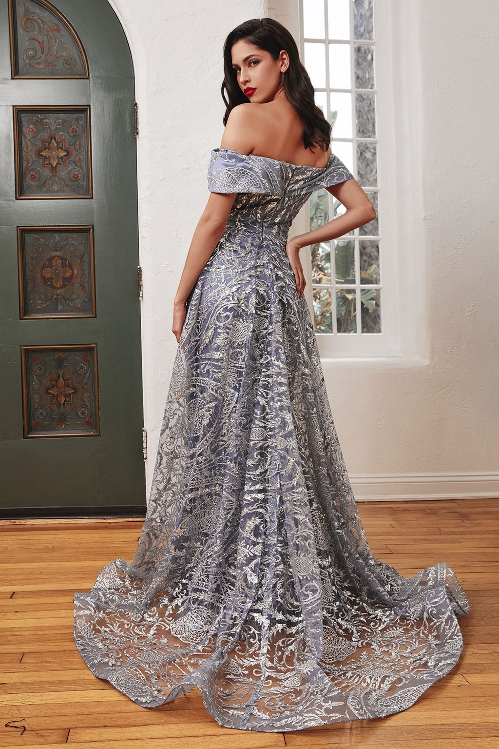 Royal Blue Off Shoulder Glitter Evening Gown with Sheer Overlay  CDJ836