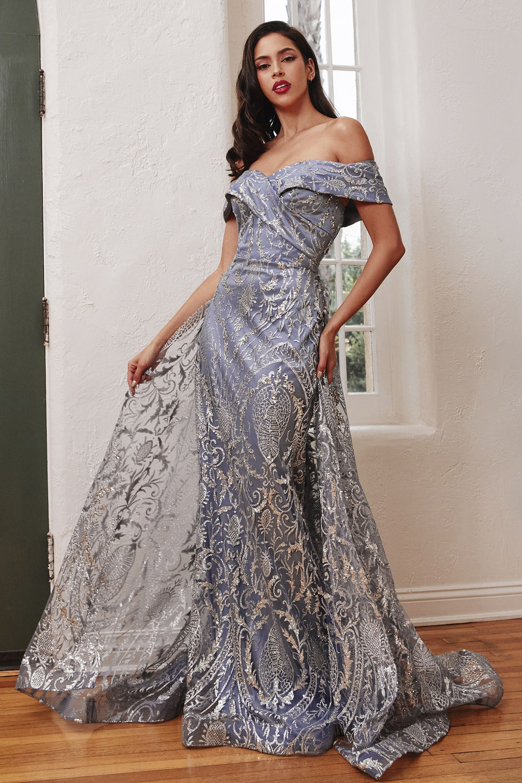 Royal Blue Off Shoulder Glitter Evening Gown with Sheer Overlay  CDJ836
