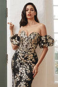 STRAPLESS GLITTER FLORAL PRINT GOWN WITH DETACHABLE PUFF SLEEVES CDJ844