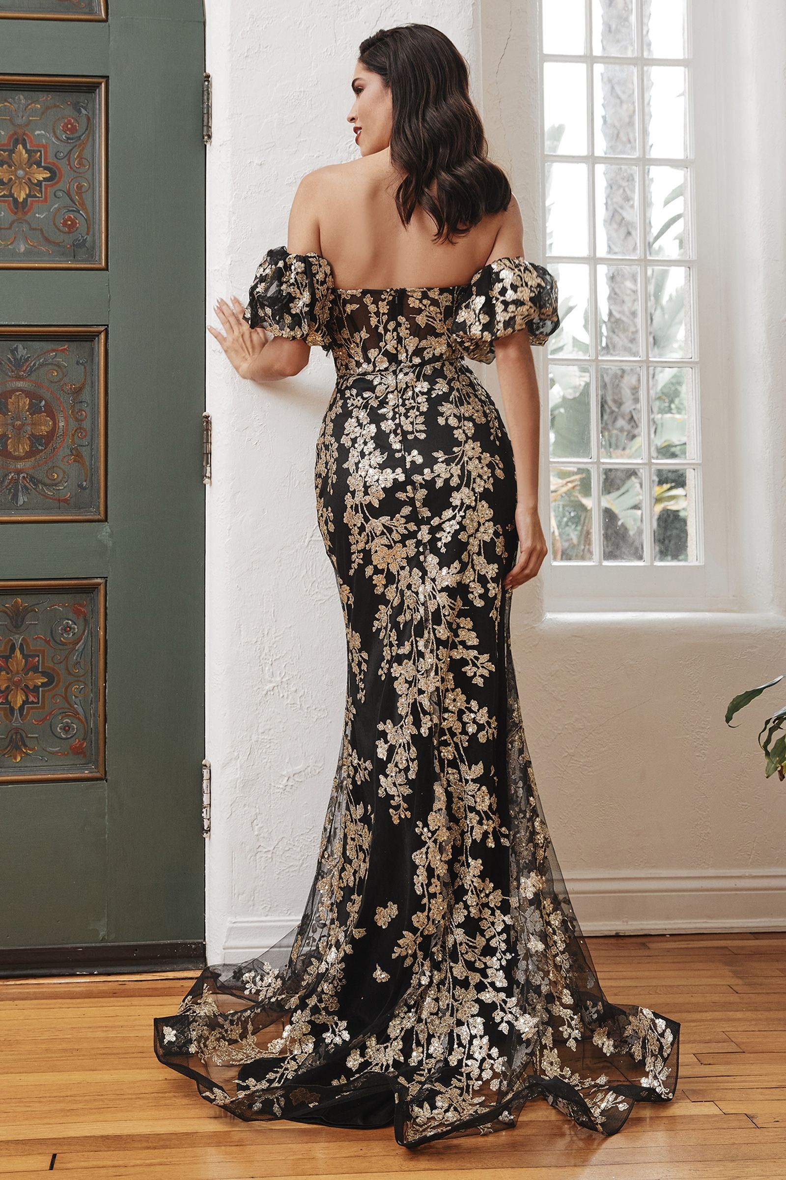 STRAPLESS GLITTER FLORAL PRINT GOWN WITH DETACHABLE PUFF SLEEVES CDJ844
