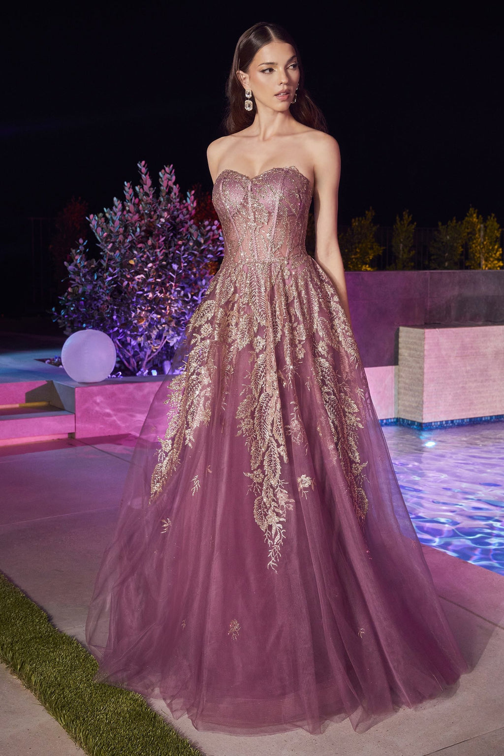Blush Pink |  Navy Blue Strapless Embroidered Tulle Ball Gown CDJ852