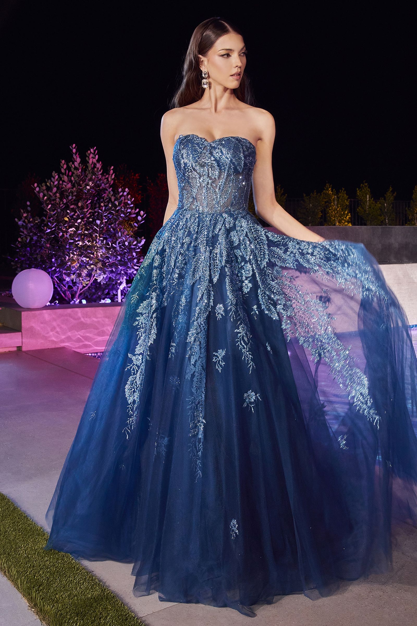 Blush Pink |  Navy Blue Strapless Embroidered Tulle Ball Gown CDJ852