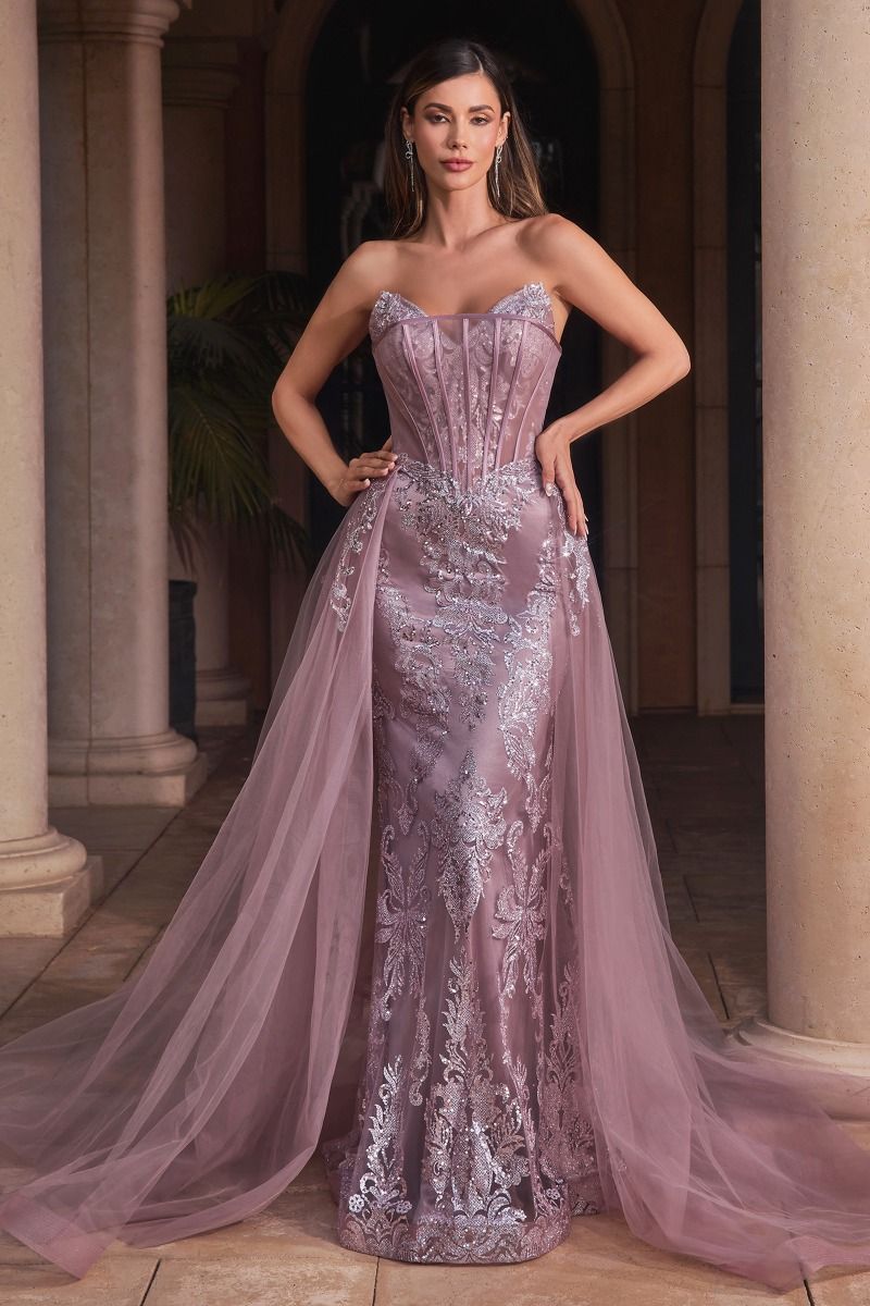 Sage Green, Mauve, Black, Blue | Strapless Embroidered Corset Gown with Tulle Overskirt & Beaded DetailSage Green, Mauve, Black, Blue | Strapless Embroidered Corset Gown with Tulle Overskirt & Beaded Detail  CDJ858