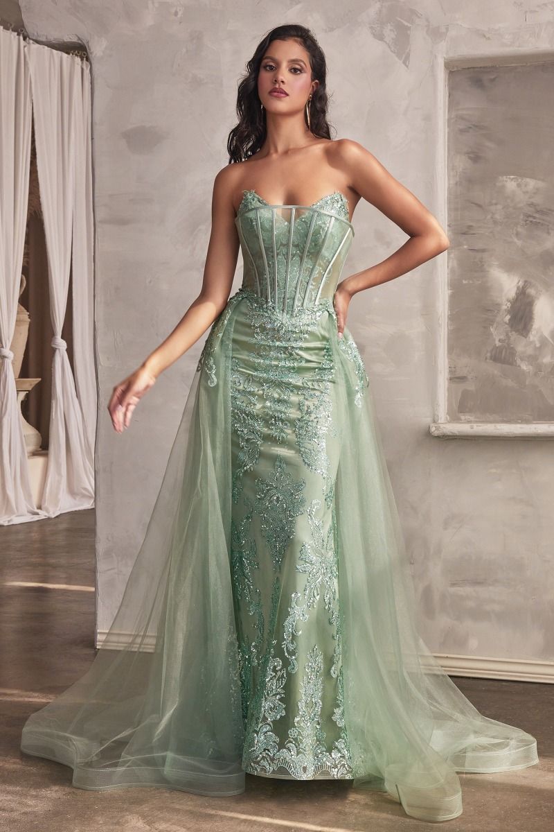 Sage Green, Mauve, Black, Blue | Strapless Embroidered Corset Gown with Tulle Overskirt & Beaded DetailSage Green, Mauve, Black, Blue | Strapless Embroidered Corset Gown with Tulle Overskirt & Beaded Detail  CDJ858