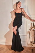 Rhinestone Stretch Satin Embellished Bodice Trumpet High Leg Slit Long Evening Dress CDKV1063