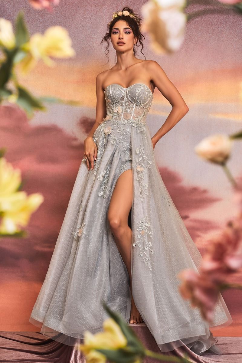 Liliana Embellished Appliqué Sweetheart Floral Bodice Leg Slit Long Prom & Bridesmaid Dress CDA1153 - PrimePick