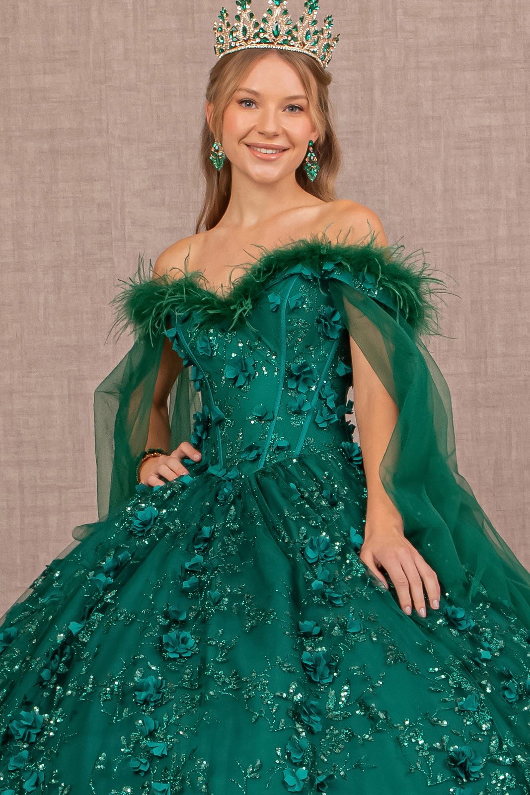 Mesh w/ Side Drape and Detachable Feather Embellishment Quinceanera Dress GLGL3101 - PrimePick