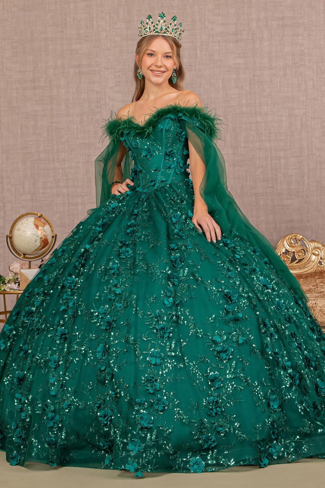 Mesh w/ Side Drape and Detachable Feather Embellishment Quinceanera Dress GLGL3101 - PrimePick