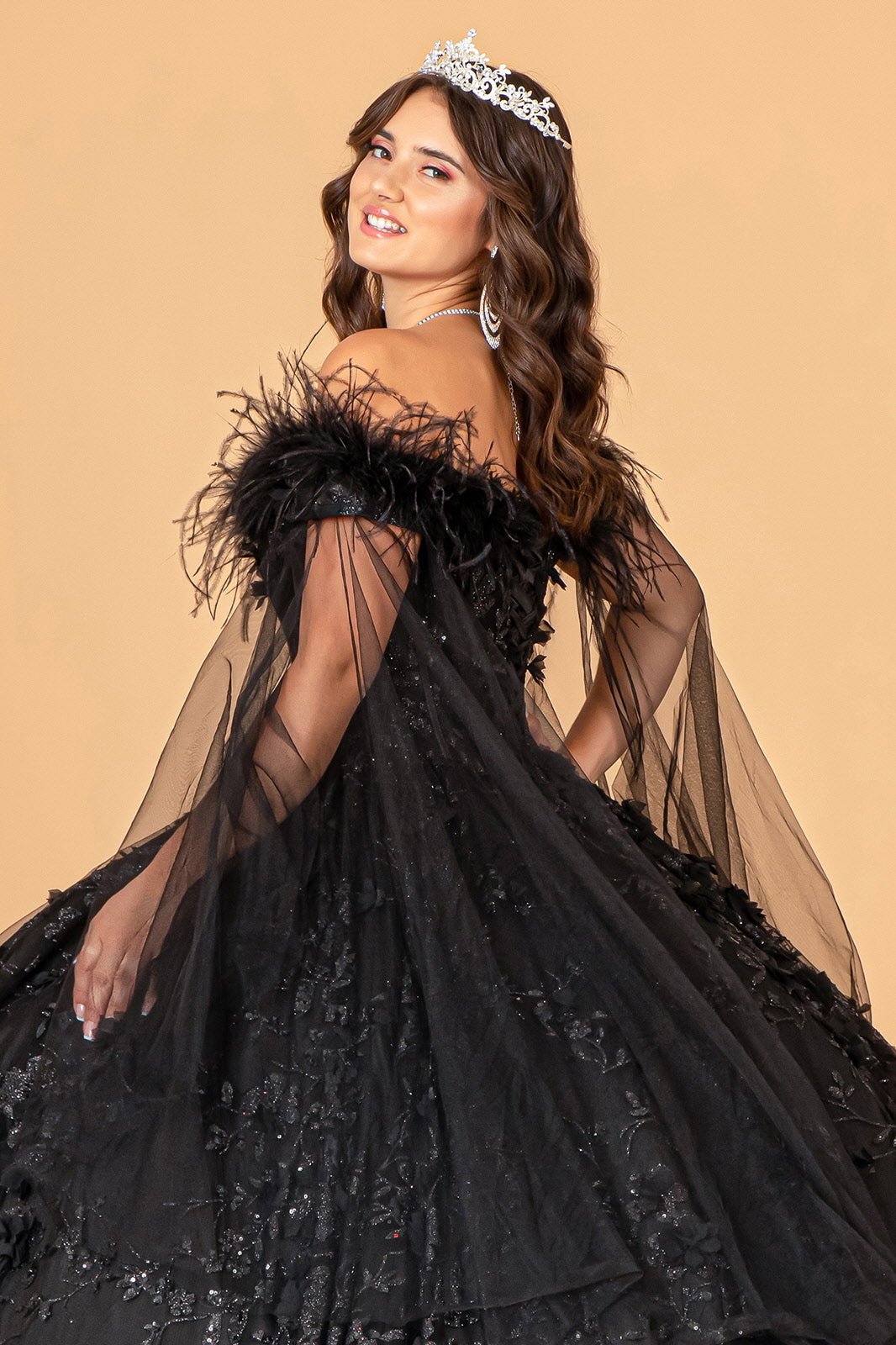 Mesh w/ Side Drape and Detachable Feather Embellishment Quinceanera Dress GLGL3101 - PrimePick