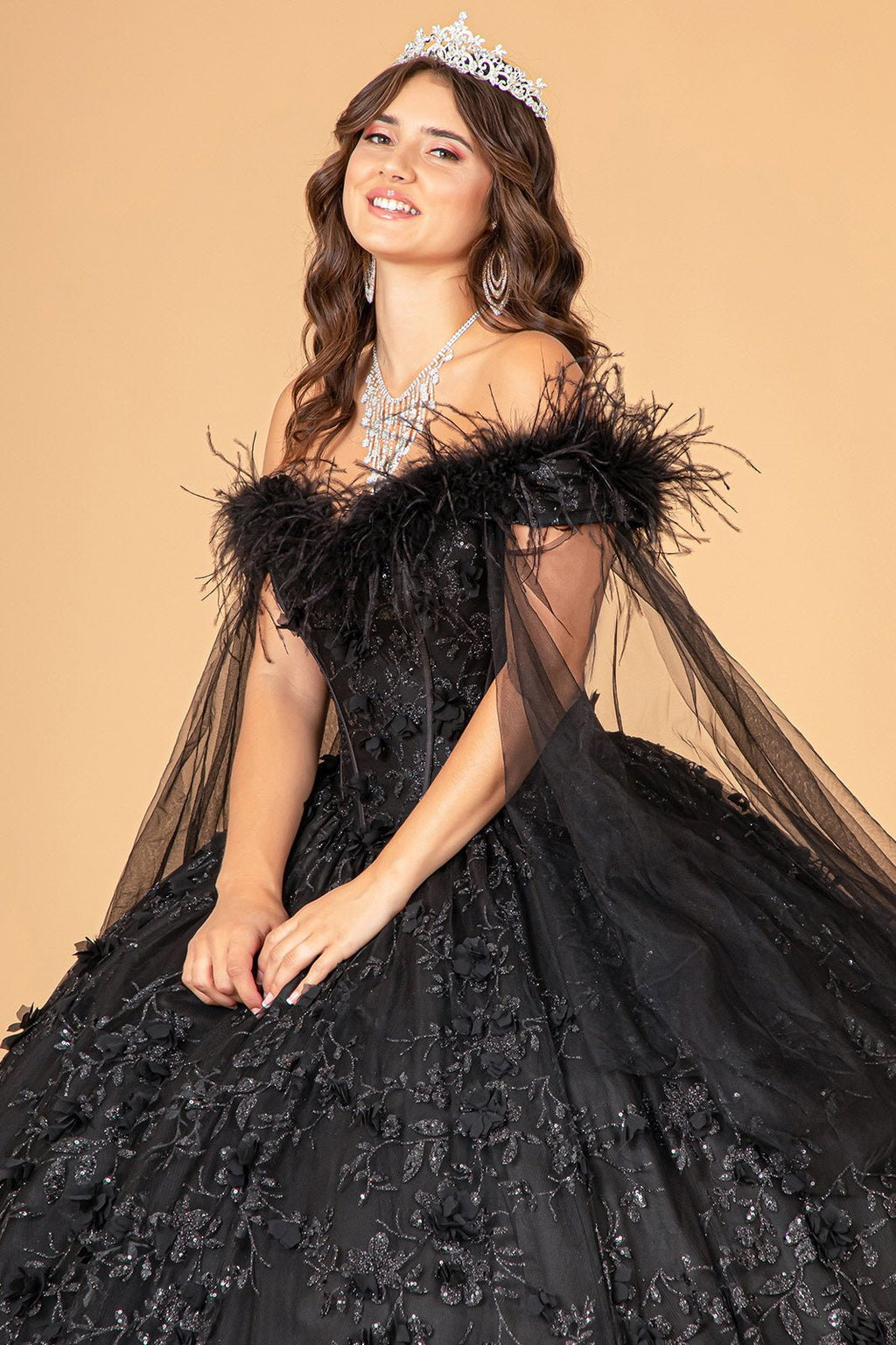 Mesh w/ Side Drape and Detachable Feather Embellishment Quinceanera Dress GLGL3101 - PrimePick