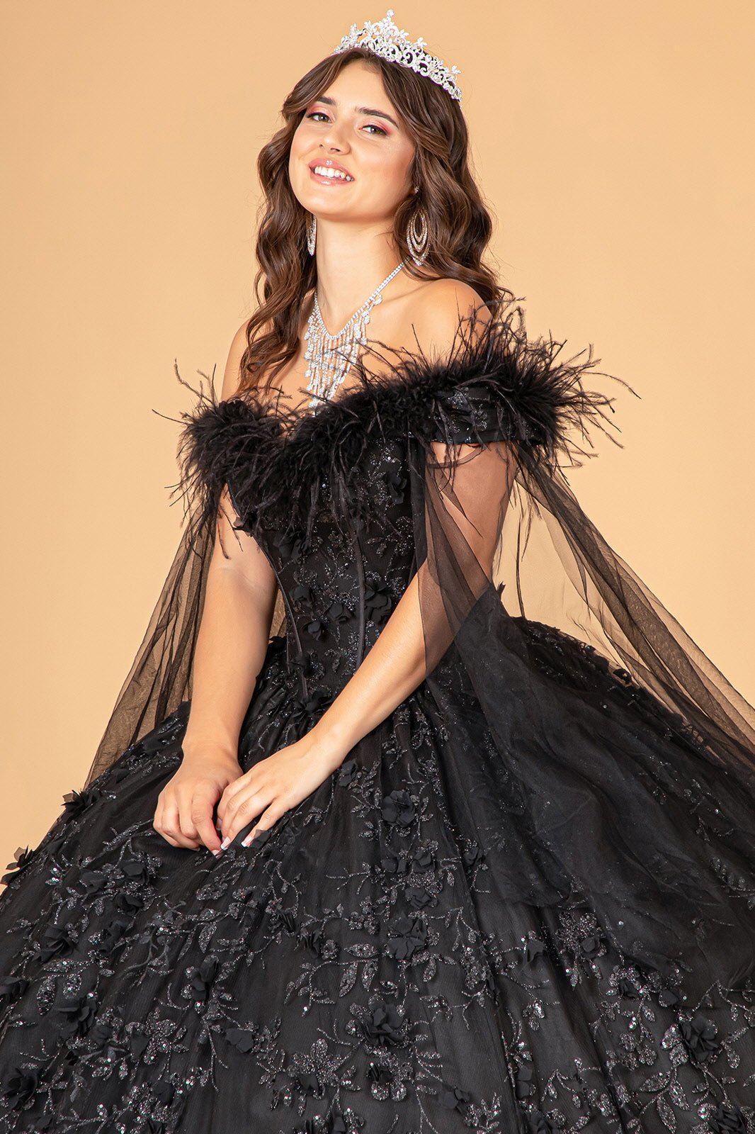 Mesh w/ Side Drape and Detachable Feather Embellishment Quinceanera Dress GLGL3101 - PrimePick