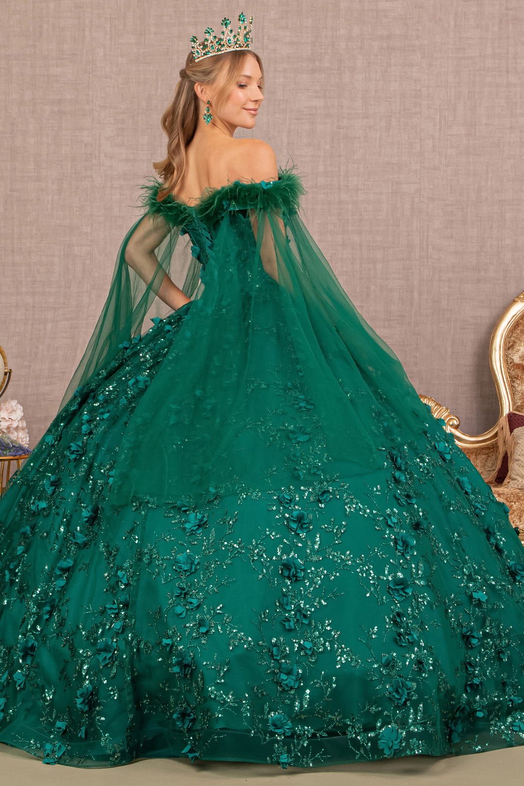 Mesh w/ Side Drape and Detachable Feather Embellishment Quinceanera Dress GLGL3101 - PrimePick