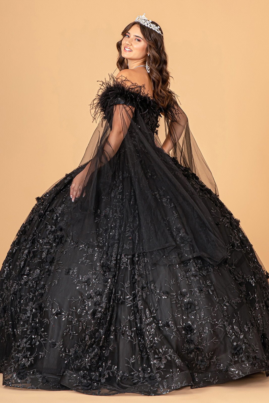 Mesh w/ Side Drape and Detachable Feather Embellishment Quinceanera Dress GLGL3101 - PrimePick