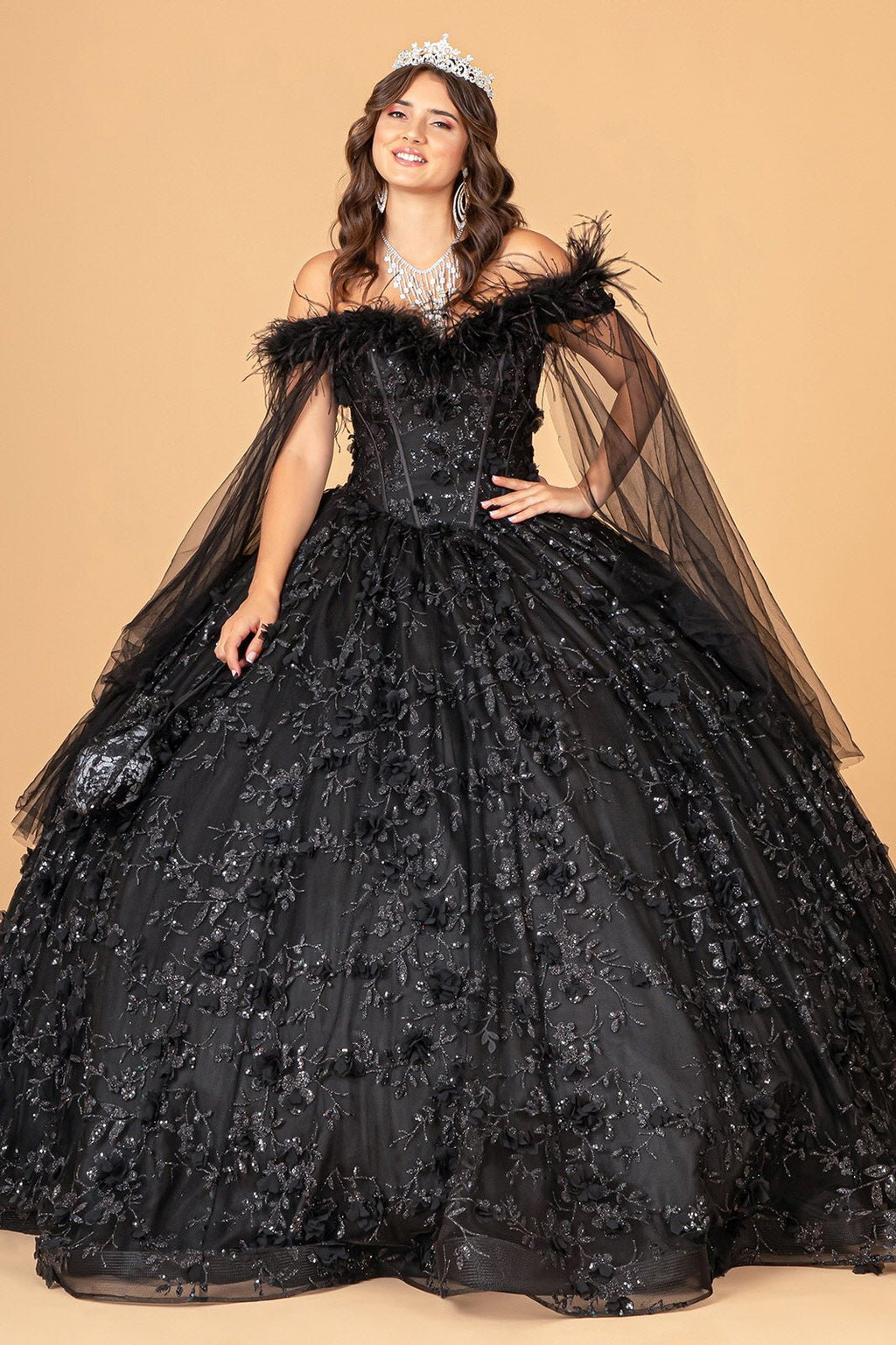 Mesh w/ Side Drape and Detachable Feather Embellishment Quinceanera Dress GLGL3101 - PrimePick