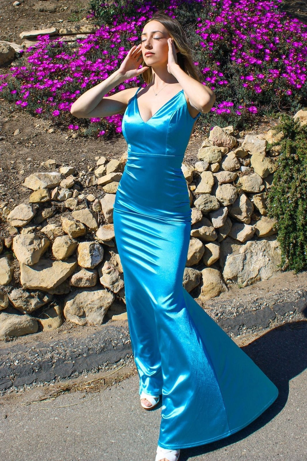 Neon Fitted Satin Backless Spaghetti Straps Bodice Long Bridesmaid Dress CDSE016 - PrimePick