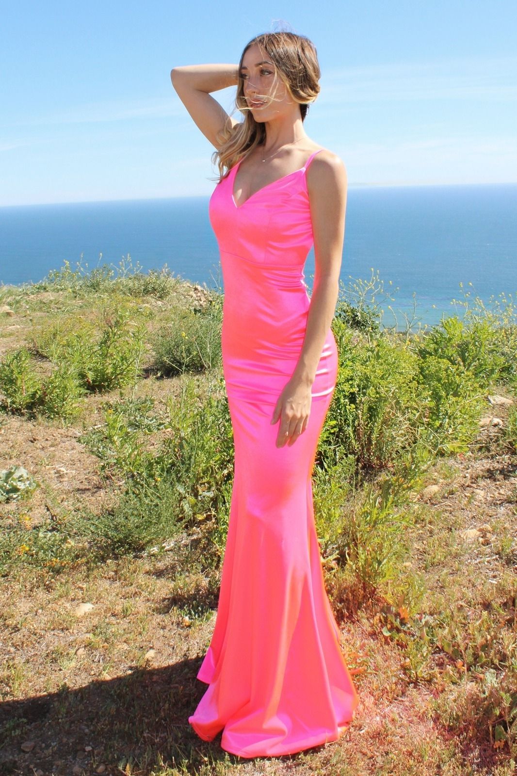 Neon Fitted Satin Backless Spaghetti Straps Bodice Long Bridesmaid Dress CDSE016 - PrimePick