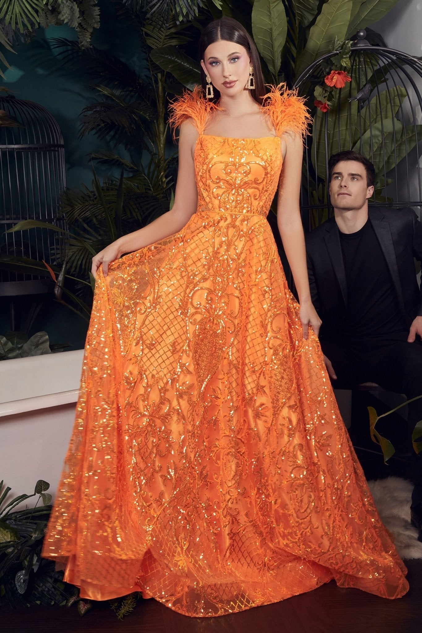 NEON ORANGE BALL GOWN WITH FEATHERS CDKV1076 - PrimePick